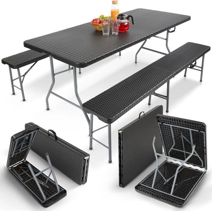 AREBOS Ensemble de Table de Camping Pliante Aspect rotin Tente à bière Banc en rotin Optique pour 6 personnes Noir