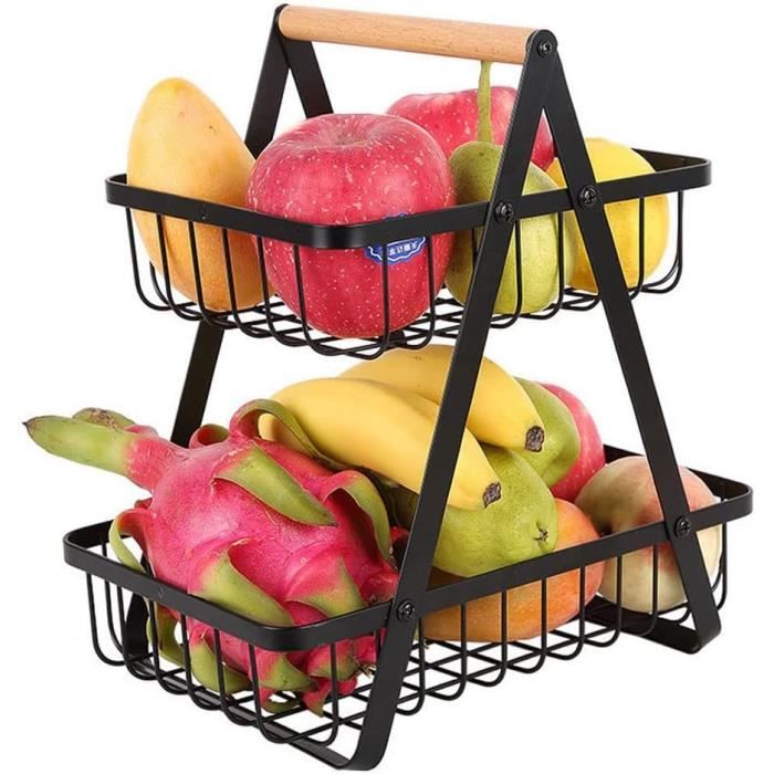 Corbeille Fruits 2 Niveaux Etagère à Fruits 2 Étages Mutool - Avec Crochet Banane - Métal Noir - Gain De Place étagère à Fruits Métal - 13