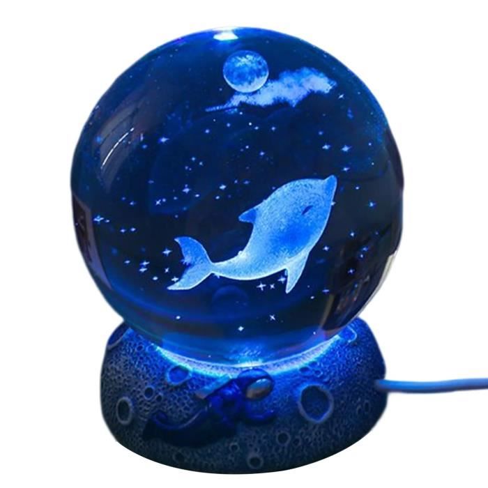 Lampe à Poser - Dauphin - Boule de Cristal LED - Rechargeable USB - Lumières 3D - Design Contemporain