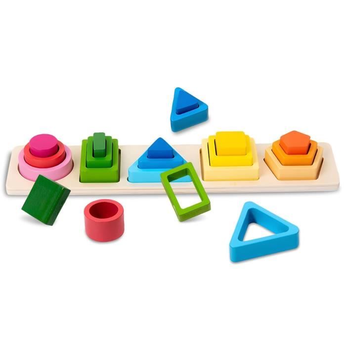 Jouets en bois pour 1-3 ans avec formes géométriques empilables et jeux sensoriels pour le développement de la motricité fine.