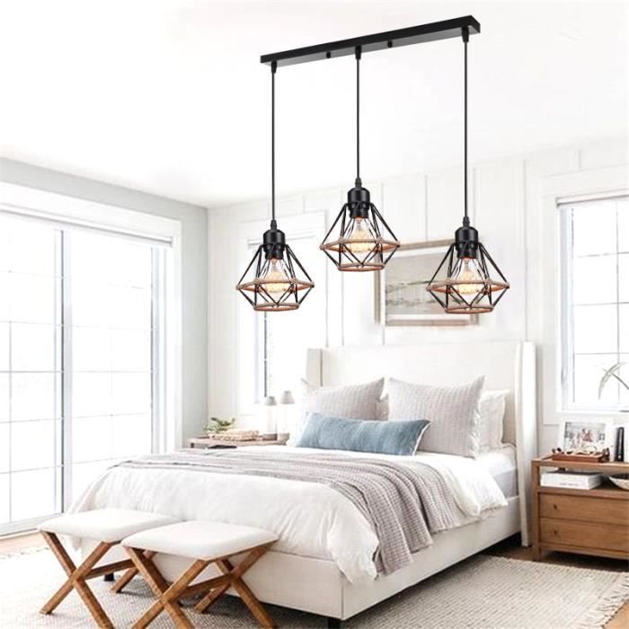 Suspension Luminaire en Cage Corde de Chanvre - kawoo - Retro - Noir - 3 ampoules - 60W - E27