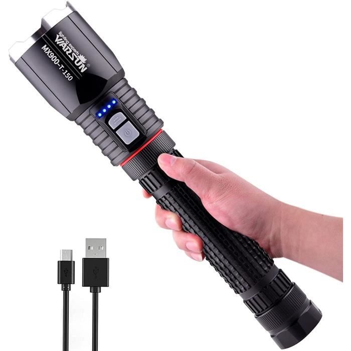 Lampe Torche LED Ultra Puissante Avec Zoom Et Aimant - Rechargeable USB - 6 Modes (blanc, Rouge, Bleu) - 9
