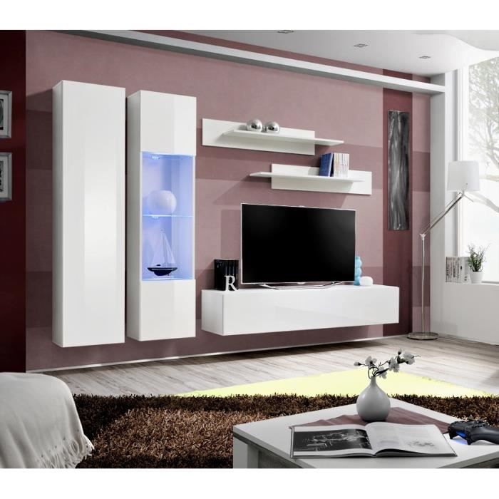 meuble tv mural suspendu fly a5 blanc - price factory - led - 3 portes - 190cm