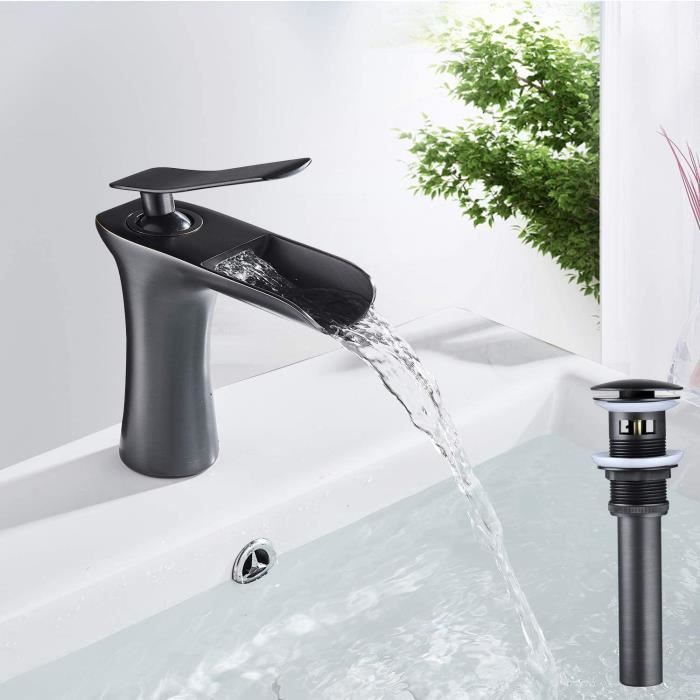 Robinet Mitigeur De Salle De Bain Noir Avec Finition Dorée - À Levier Unique, En Laiton, Pour Lavabo De Comptoir - Design Creux Et Moderne - 12