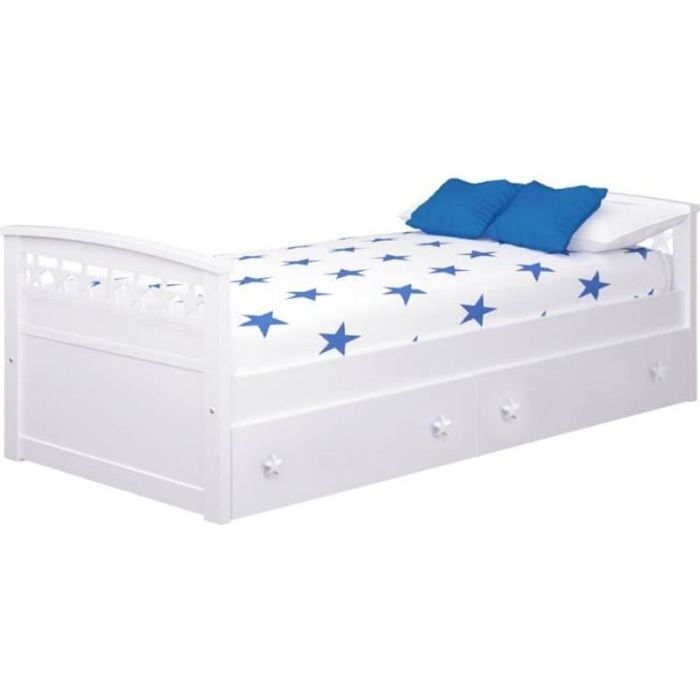 lit enfant avec rangement étoiles - bainba - 90 x 190 - blanc - avec tiroirs - bois - panneaux de particules