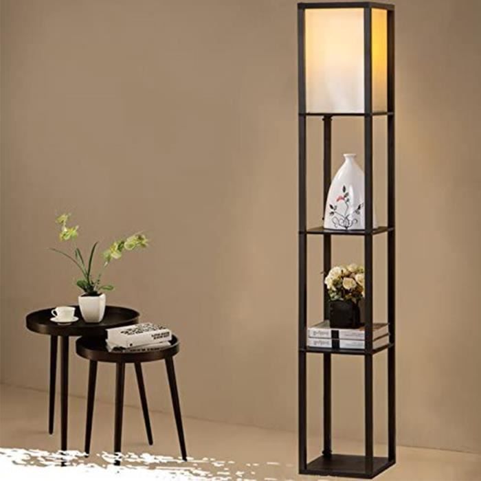 Lampadaire Salon Lampadaire Bois Massif -Lampe sur Pied de Avec en Bois Etagères Pour Chambre et Salon Noir