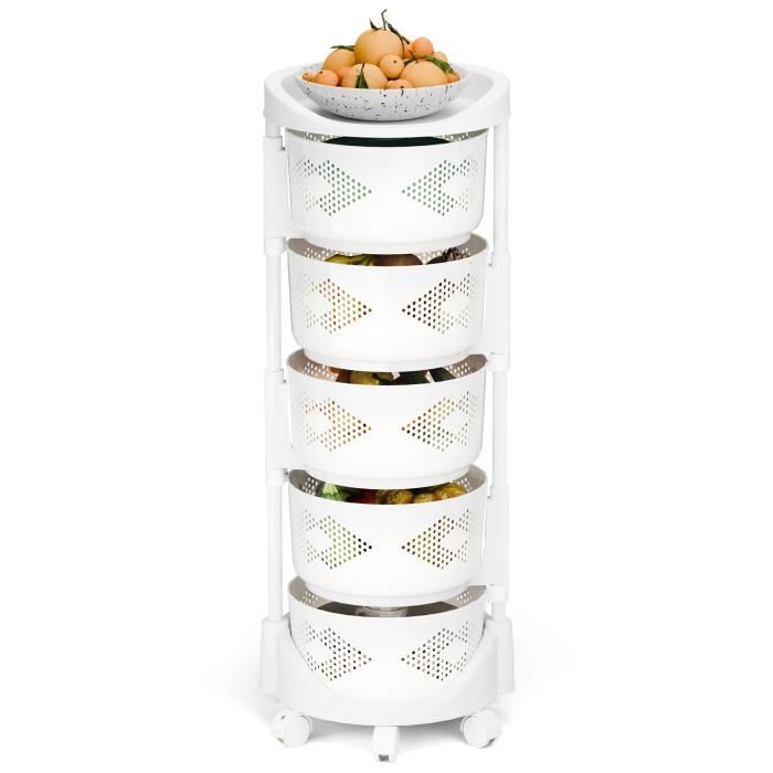 Resserre de cuisine Desserte de cuisine Chariot de Rangement Panier rotatif à 5 niveaux H 88cm BLANC
