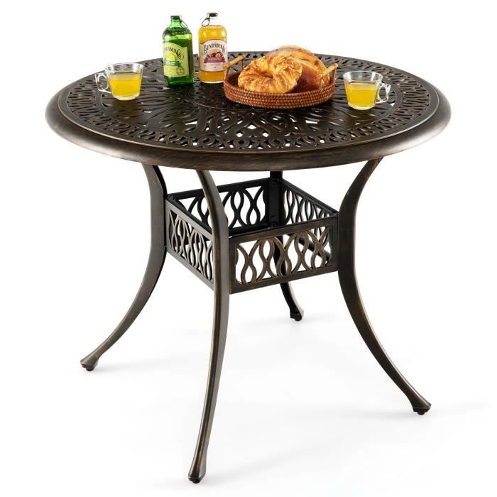 COSTWAY Table Jardin Ronde en Aluminium coulé 90x90x74CM avec Trou pour Parasol 5CM Table Extérieure avec Pied Réglable