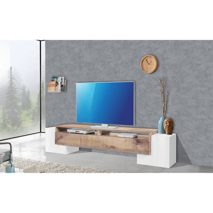 dmora meuble tv de salon, made in italy, meuble tv avec 3 portes et étagères, 210x45h45 cm, couleur blanc brillant et érable