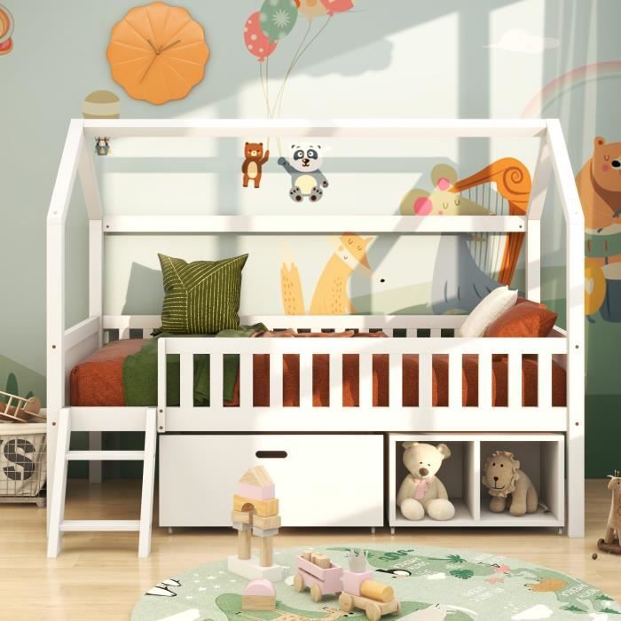 Lit Enfant Happy Babies 140x70 Cm - Avec Barrière Anti-chute, Tiroir Et Matelas - Motif Chien Mignon - Dès 1 An - 2