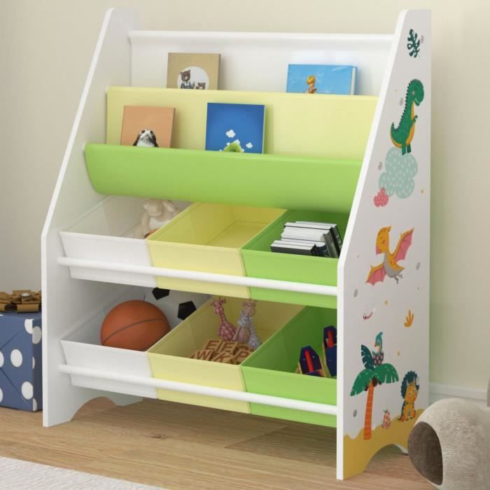 Étagère de rangement Ponteceso pour enfant avec 6 bacs ouverts blanc vert jaune