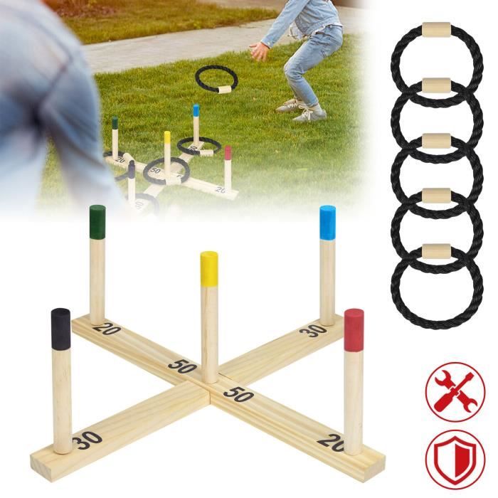 HENGMEI Jeu de lancer en bois pour enfants et adultes Jeux de plein air avec 5 anneaux de corde en bois et lancer d'anneaux