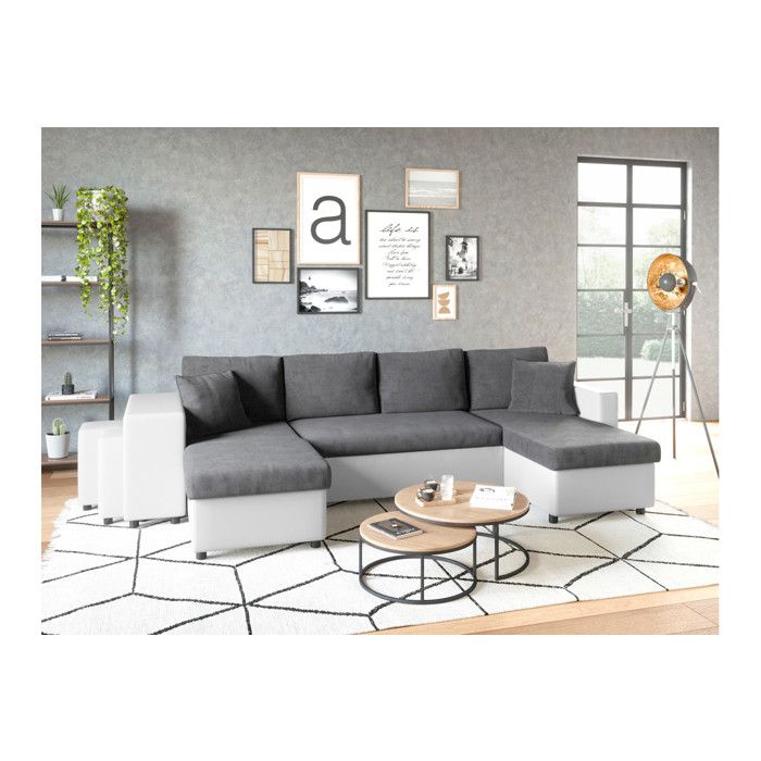 Canapé panoramique OSLO convertible avec coffres poufs à gauche - Simili/Microfibre - Blanc/Gris - L311 x P146 x H81cm - LOUNGITUDE