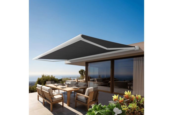Store banne Coffre PROTECT 2 Blanc 4.05x3.5m Motoris&eacute; - Toile Grise