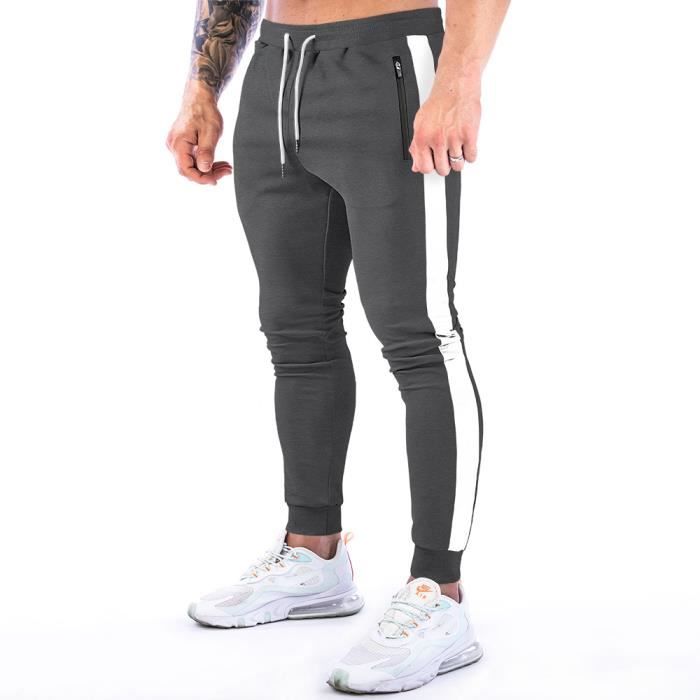 Pantalon Jogging Homme - Marque - Fermeture éclair - Gris - Fitness -  Respirant