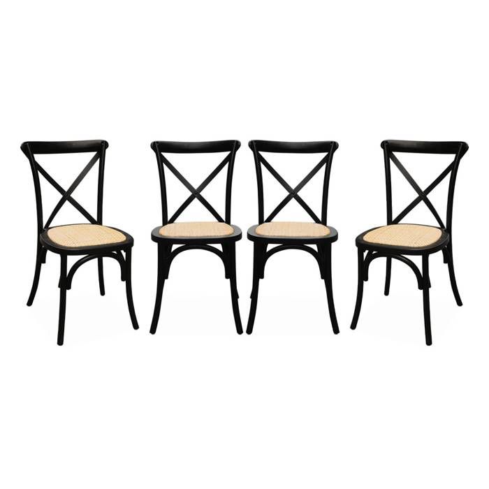 Lot de 4 chaises de bistrot en bois dhévéa noir. vintage. assise en rotin. empilables