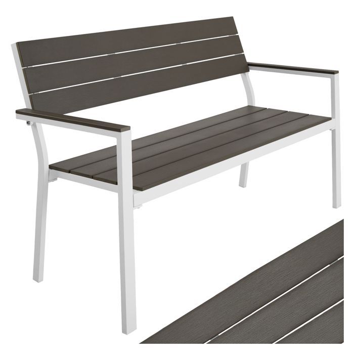 tectake banc de jardin line 2 places en aluminium aspect bois 128 x 59 x 88cm - gris clair / blanc