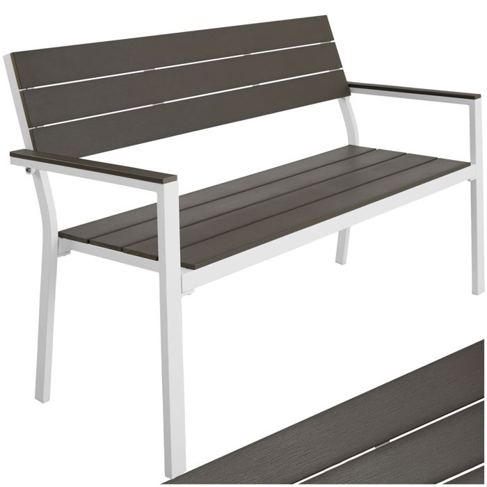 Banc dextérieur - TECTAKE - Banc de jardin LINE 2 places en aluminium à laspect bois 128 x 59 x 88 cm - Gris clair/Blanc