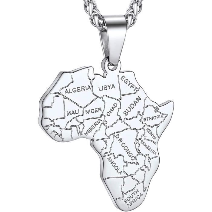 Collier Femme Pendentif Carte Afrique Acier Inoxydable - 45+5cm ANAZOZ