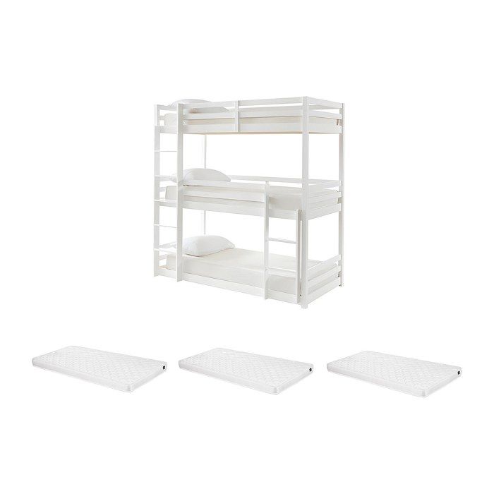 Lits superposés triple - 3 x 90 x 200 cm - Pin - Blanc + matelas - VAGAR Lits superposés triple - 3 x 90 x 200 cm - Pin - Blanc + matelas - VAGAR