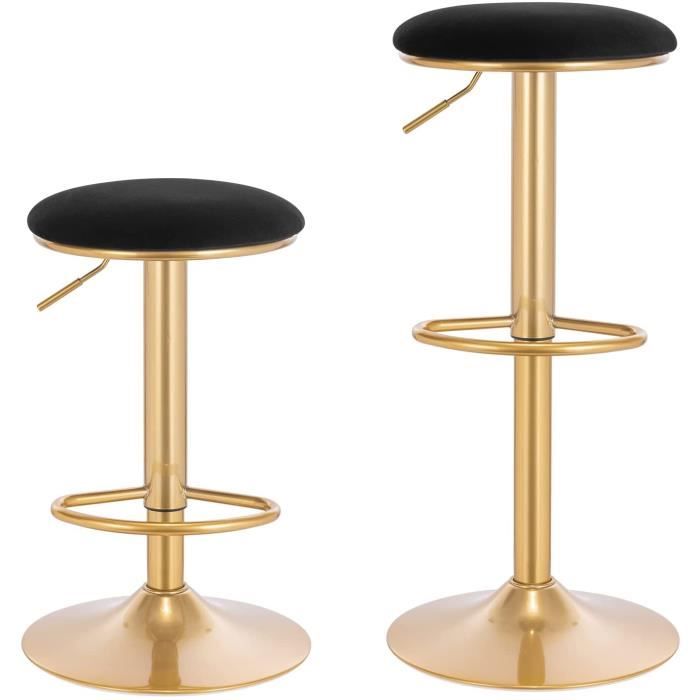 WOLTU Lot de 2 Tabouret de Bar avec Repose-Pieds - Tabouret Rond Haut Métallique Hauteur Réglable (61-82cm) - Noir + Or