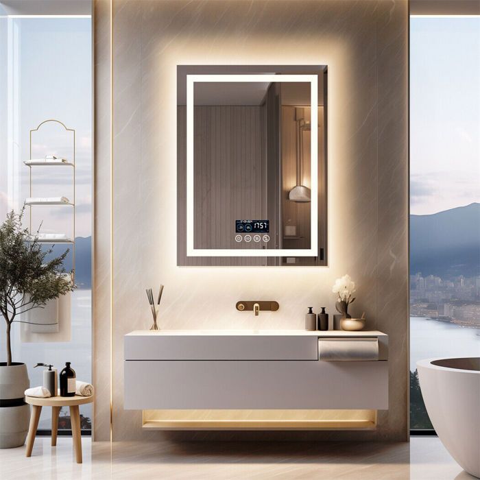 Miroir De Salle De Bain LED Moderne Alasta Chicago - Bluetooth, Interrupteur, Design Argenté