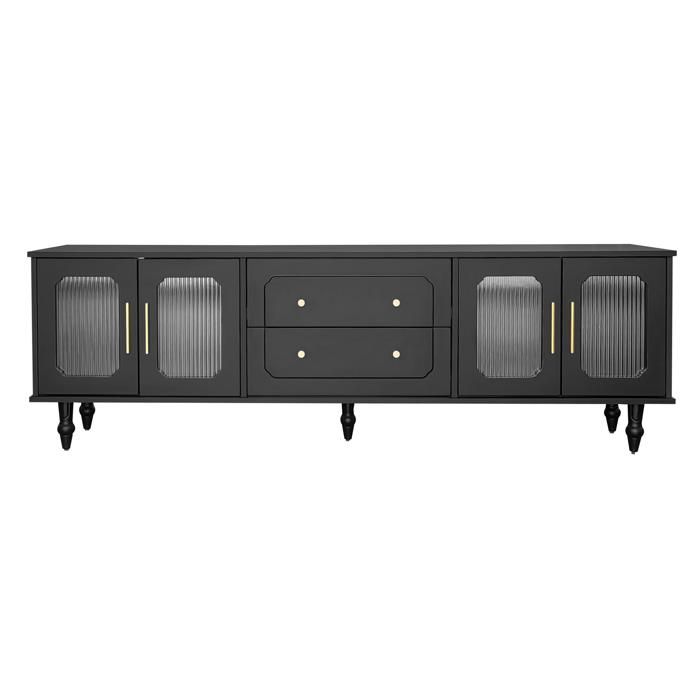 Meuble Bas TV Vintage 175x38x55.5 Cm - 2 Tiroirs, 4 Portes En Vannerie - Blanc Avec Poignées Dorées - Pour Téléviseur 70 à 79 Pouces - 10