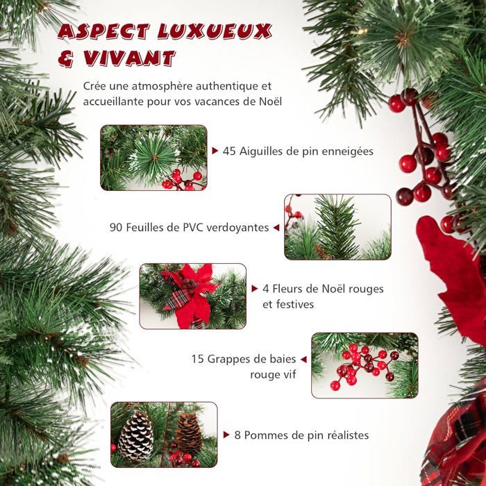 Guirlande De Noël Illuminée Avec Neige - 270cm, Baies Rouges, Pommes De Pin & 50 LEDs Multicolores - Fonction Minuterie - 8