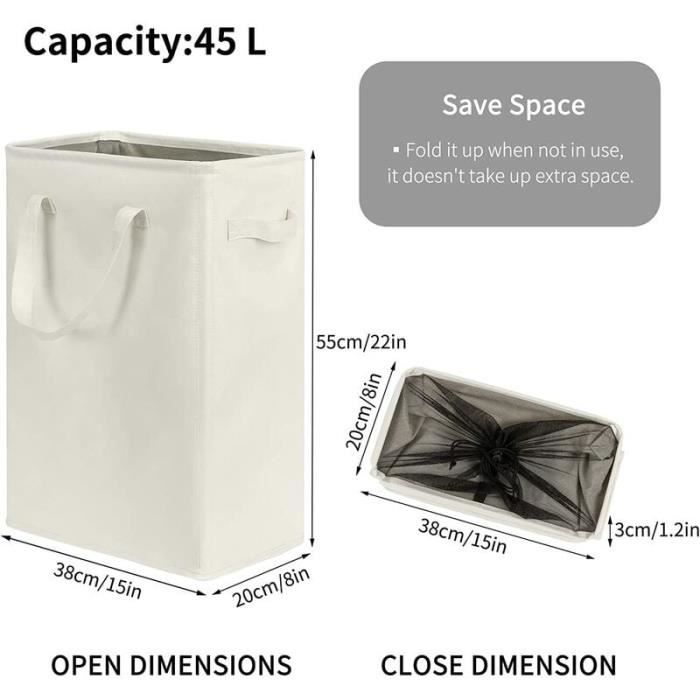 Panier à Linge Fin Pliable ZERO JET LAG - 45 L, Noir, Avec Poignées, Pour Rangement étroit (38x20x56 Cm) - 2