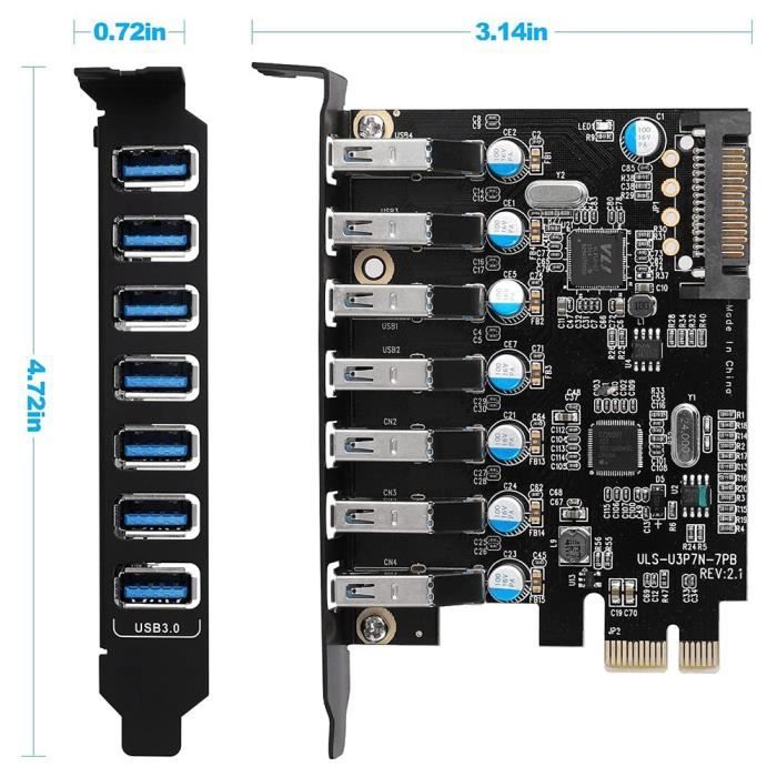 Carte PCIE USB 3.2 7 Ports - 5 Gbps, Alimentation 1.5A - Compatible Windows Et Linux