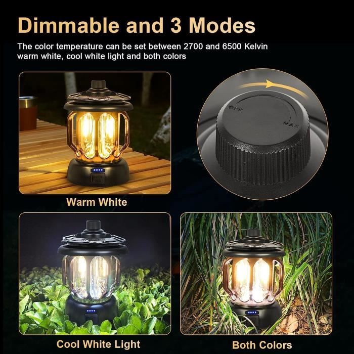 LED Lampe Camping Rechargeable USB Vintage Dimmable Lumière Chaude et  Blanche 5200mAh Power Bank ,Noir[Classe énergétique A+++] - Cdiscount Sport