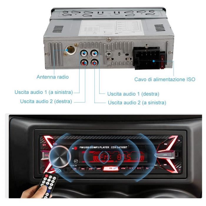 Autoradio Bluetooth Poste Radio Voiture,1Din Radio de Voiture, 4x60W Auto  Radio 7Couleurs FM Stéréo Radio USB/SD/AUX/EQ/Lecteur MP3 autoradio Pioneer