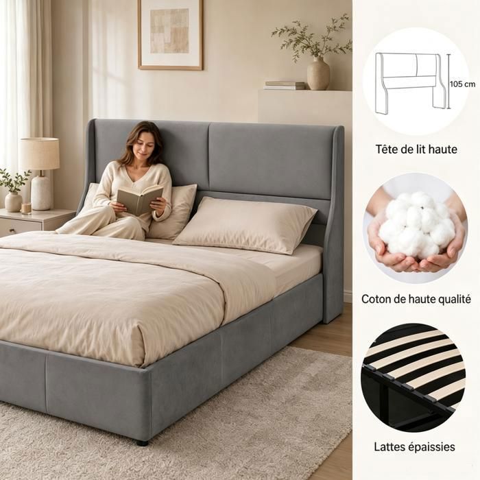 Lit Double 180x200 Cm Avec Rangement - Tête De Lit Velours Avec LED, Prise Et USB - Sommier Relevable Hydraulique - Couleur Beige - 11