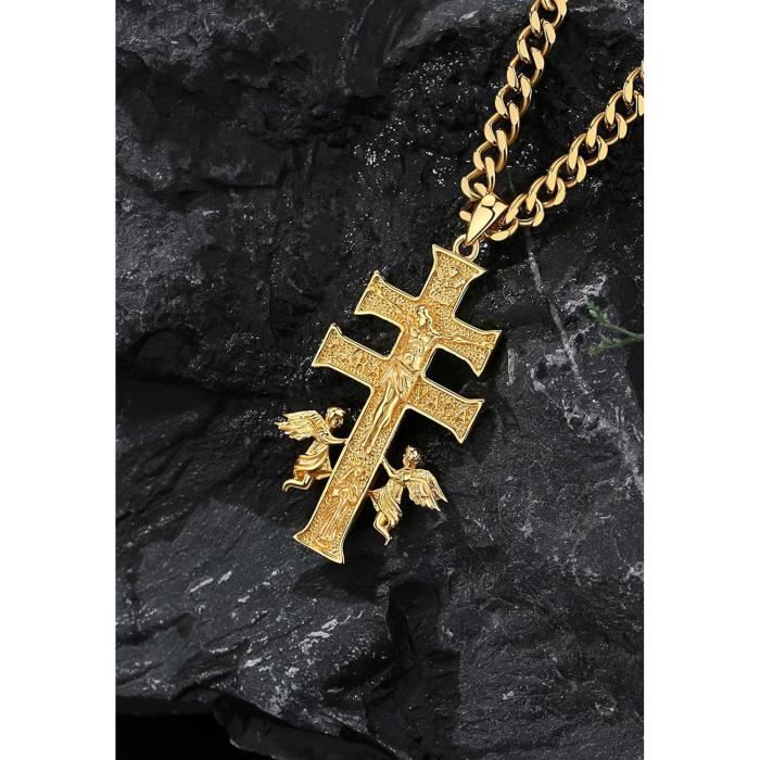 Collier Croix Caravaca Homme Femme - Pendentif Acier Inoxydable Avec Archange