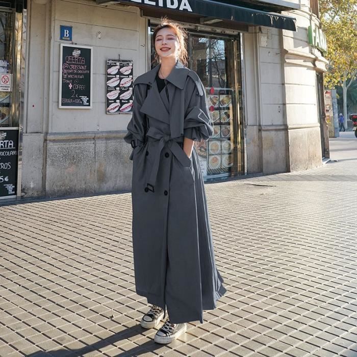 Manteau Trench Coat ample surdimensionne X Long pour femme Gris kaki Coupe vent croise ceinture Type GRIS Blanc Cdiscount Pret a Porter