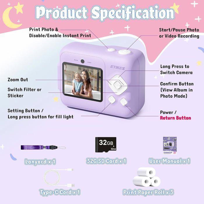 appareil photo instantané pour enfants - design bleue mini polaroid & jouet vidéo numérique avec carte sd de 32 go, 3 rouleaux de papier & stylo, parfait pour filles et garçons âgés