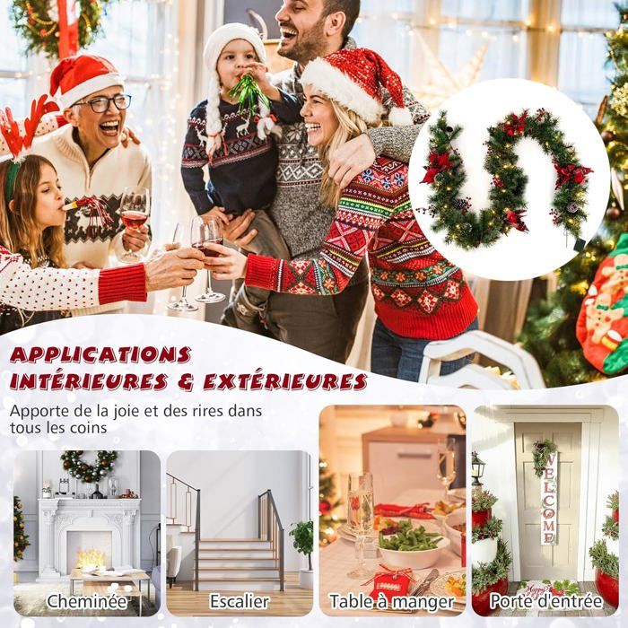 Guirlande De Noël Illuminée Avec Neige - 270cm, Baies Rouges, Pommes De Pin & 50 LEDs Multicolores - Fonction Minuterie - 5