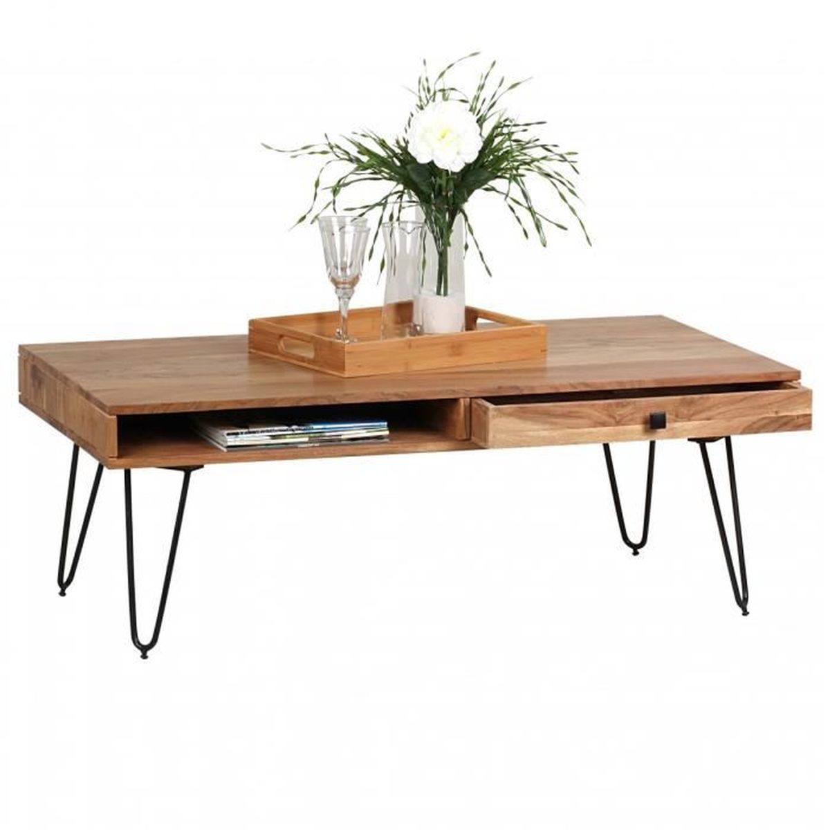 Table Basse En Bois Massif 120x60 Cm A 2 Tiroirs Avec 4 Pieds En