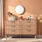 RAVAS Commode Chambre, Commode en Bois et Rotin 6 Tiroirs, Meuble de Rangement Multifonction, Natural Wood Cabinet with Drawers