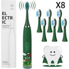 NAPASA Brosse à dents électrique rechargeable pour enfants avec 4 modes soniques et 8 têtes de brosse de rechange - Verte