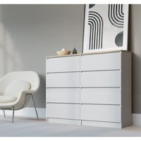 Commode 120 cm avec 8 tiroirs de style scandinave, Couleur : Blanc - Chêne Sonoma, Dimensions : L: 120 cm x P: 39 cm x H: 102 cm,