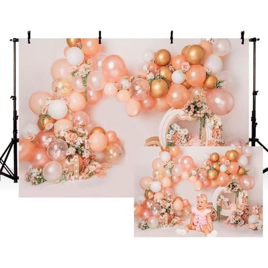 Toile Fond Photo 1er Anniversaire Fille 2.4x1.8m - Décoration Fleurs Roses Ballons