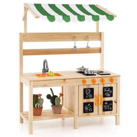 Cuisine Enfant Style Ferme COSTWAY – Avec Tableau Noir, Fenêtres, Rangements, Accessoires Inclus – Pour Enfants Dès 3 Ans