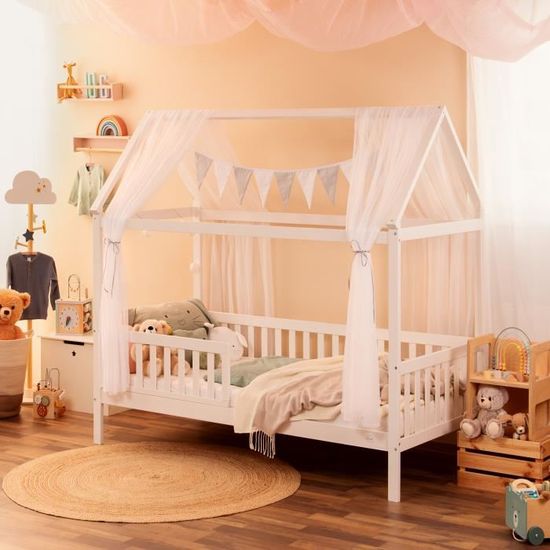 Alcube Kit de décoration avec ciel de lit, fanions et guirlande lumineuse,  pour lits cabanes de 2 m de long, blanc/gris, pour chambre d'enfant et de  bébé garçon ou fille, une invitation