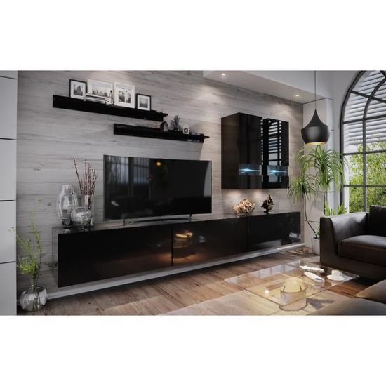 3xEliving Un ensemble moderne de meubles de salon Lambusco, unité murale, meubles pour le téléviseur couleur noire avec LED