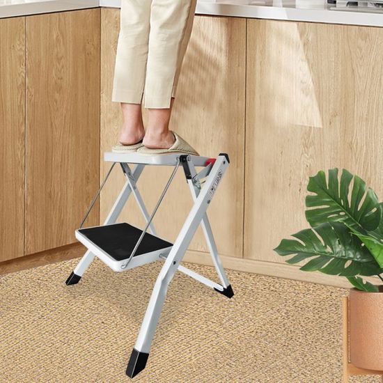 Escabeau Pliant YOSOO à 3 Marches - Rose Bleu - Pédale Antidérapante