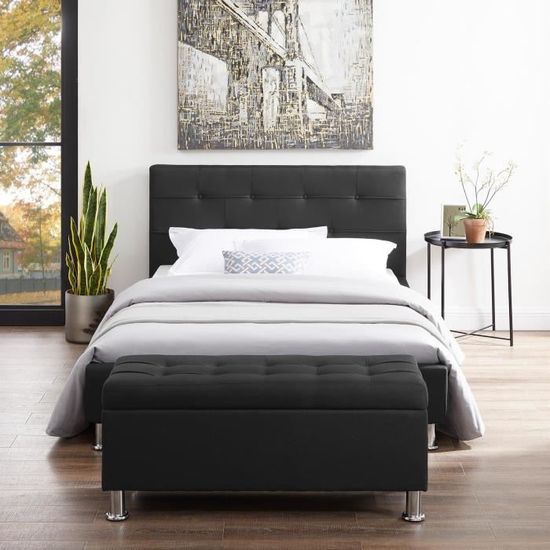 Banc de lit NIZZA coffre de rangement avec assise pouf capitonné bout de lit avec pieds en métal chromé, structure MDF et tissu noir