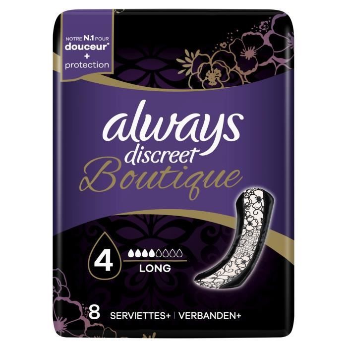 LOT DE 12 - ALWAYS Discreet Boutique Serviettes Pour Fuites Urinaires Long 4 - paquet de 8 serviettes hygiénique