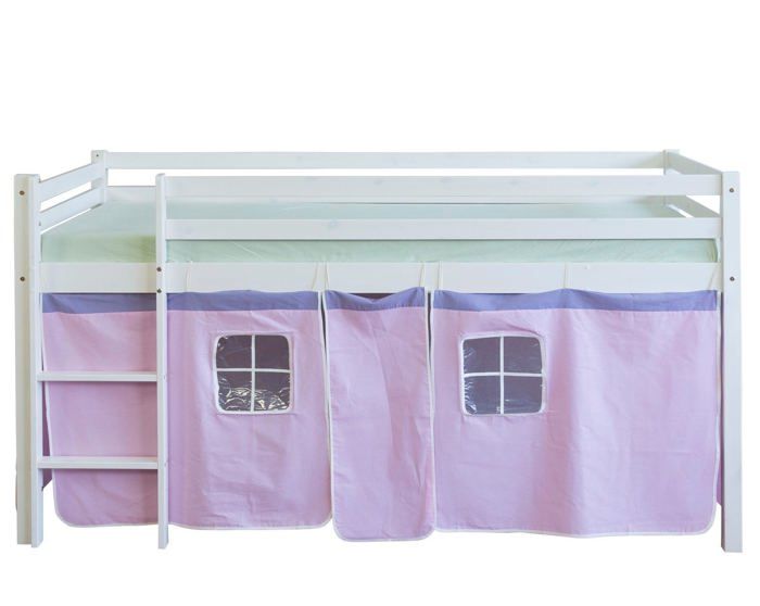 Lit mezzanine 90x200cm avec échelle en bois blanc et toile rose LIT06123