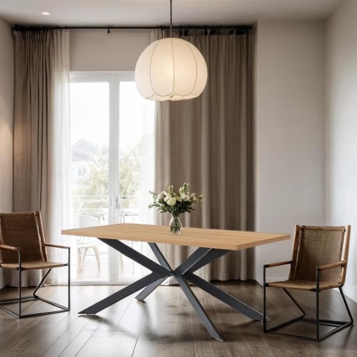 FELIX Table à manger style industriel - 6 à 8 personnes - plateau coloris chêne - pieds métal noir - L 180 x 90cm